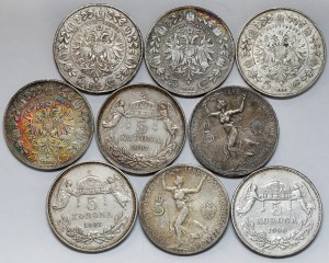 Austro-Ungarico, 5 corone 1900-1909 - set (9 pezzi)