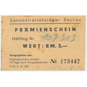 Dachau, obóz koncentracyjny, bon na 3 RM - RZADKOŚĆ - i różne dokumenty obozowe