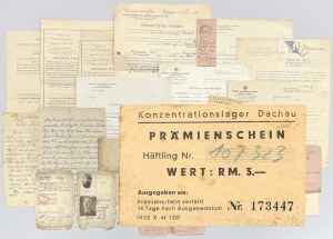 Koncentračný tábor Dachau, poukaz na RM 3 - RARE - a rôzne táborové dokumenty