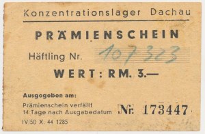 Dachau, obóz koncentracyjny, bon na 3 RM - RZADKOŚĆ - i różne dokumenty obozowe