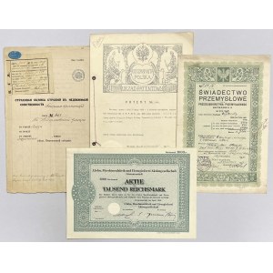 Zestaw: Patent z 1925, Ubezpieczenie 187x i papiery wartościowe (4szt)