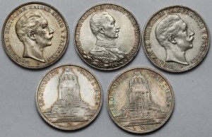 Niemcy, Prusy, 3 marki 1908-1913 - zestaw (5szt)