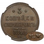3 kopiejki srebrem 1848 MW, Warszawa - PIĘKNE i B.RZADKIE