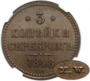 3 kopiejki srebrem 1848 MW, Warszawa - PIĘKNE i B.RZADKIE