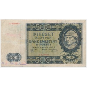 500 złotych 1940 - A - ORYGINAŁ opisany i ostemplowany jako falsyfikat