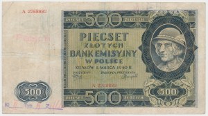 500 zloty 1940 - A - ORIGINAL described and stamped as counterfeit