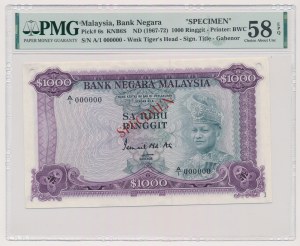 Malezja, Bank Negara 1000 Ringgit ND (1967-72) SPECIMEN