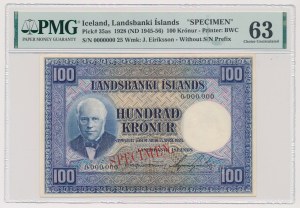 Iceland, 100 Krónur 1928 ND (1945-56) SPECIMEN