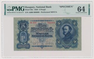 Hungary, 5 Pengö 1928 SPECIMEN