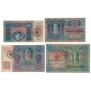 Austria, 10 - 100 Kronen 1912-1915 with Romanian stamps (4pcs)