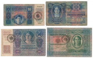 Austria, serie di corone 1912-1915 con francobolli rumeni (4 pz)