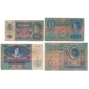 Austria, 10 - 100 Kronen 1912-1915 with Romanian stamps (4pcs)