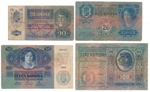 Autriche, série de couronnes 1912-1915 avec timbres roumains (4pc)