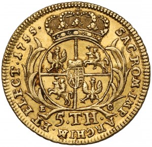 Auguste III Sas, 5 thalers en OR 1755 EC, Leipzig - Auguste d'or