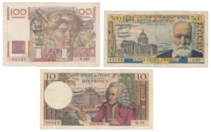 France, 10, 100 & 500 Francs 1952-1964 (3pcs)