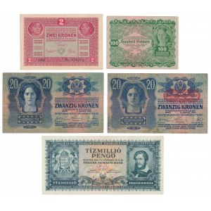 Austria, 2 -100 Kronen 1913-1922 & Hungary, 10 mln Pengo 1945 (5pcs)