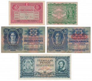 Autriche, 2 -100 couronnes 1913-1922 et Hongrie, 10 millions de pengo 1945 (5pc)
