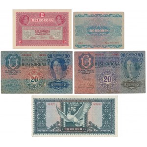 Austria, 2 -100 Kronen 1913-1922 & Hungary, 10 mln Pengo 1945 (5pcs)