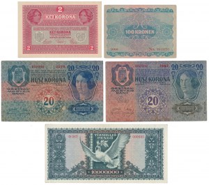 Austria, 2 -100 Kronen 1913-1922 & Hungary, 10 mln Pengo 1945 (5pcs)