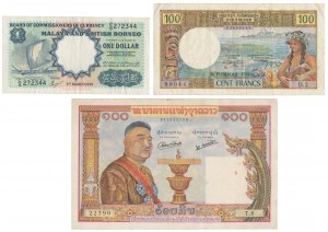 Malaya e Borneo britannico, Nuova Caledonia e Laos - set di banconote (3 pz.)