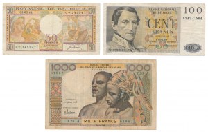 Belgicko, 50 a 100 frankov a západná Afrika, 1 000 frankov (3 ks)
