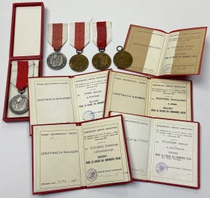 PRL, Srebrny i Brązowy Medal Za Zasługi dla Obronności Kraju + legitymacje - zestaw (5szt)