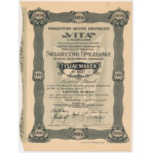 Tow. Ubezpieczeń VITA, Świadectwo tymczasowe 1.000 mk 1919