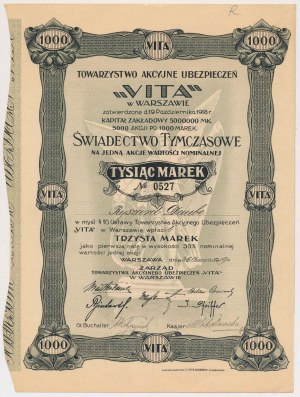 VITA pojišťovna, prozatímní osvědčení 1 000 mk 1919