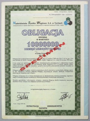 Nadwiślańska Sp. Węglowa w Tychach, SPECIMEN Obligacji 10 mln zł 1994