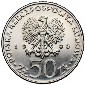 Próba NIKIEL 50 złotych 1980 Chrobry - napis nad