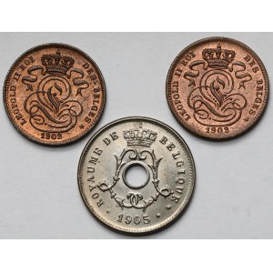 Belgia, 1-5 centimes 1902-1905 - zestaw (3szt)