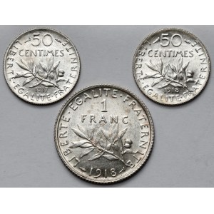 Francja, 50 centimes - 1 frank 1917-1918 - zestaw (3szt)