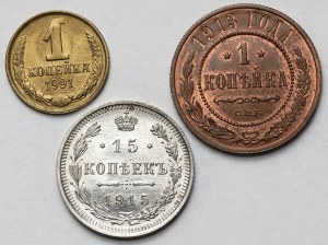 Rusko, 1-15 kopějek 1913-1991 - sada (3ks)