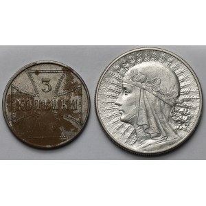 Ober-Ost. 3 kopiejki 1916-J i Głowa Kobiety 10 złotych 1932 bz (2szt)