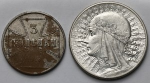 Ober-Ost. 3 kopiejki 1916-J i Głowa Kobiety 10 złotych 1932 bz (2szt)