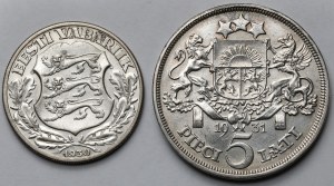 Łotwa i Estonia, 5 lati 1931 i 2 krooni 1930 - zestaw (2szt)