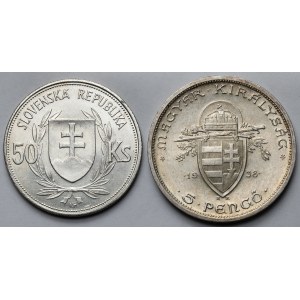 Węgry i Słowacja, 5 pengo 1938 i 50 korun 1944 - zestaw (2szt)