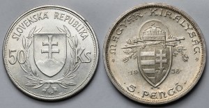 Hungary and Slovakia, 5 pengo 1938 and 50 korun 1944 - set (2pcs)
