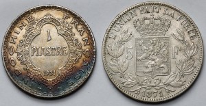 Belgia i Indochiny Francuskie, 5 franków 1871 i Piastra 1931 - zestaw (2szt)