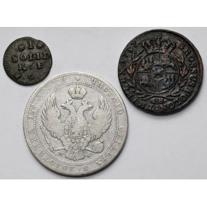 Poniatowski i Zabory, Szeląg 1768, Trojak 1787 i 3/4 rubla = 5 złotych 1840 MW - zestaw (3szt)