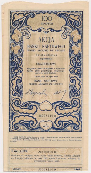 Ölbank von Lemberg, 100 Zloty 1932 RARE Ausgabe