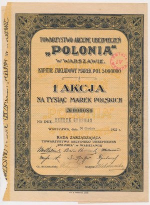POLONIA Compagnie d'assurance, 1 000 mkp 1922