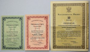 Oheň. Konverzia 1924, čiastkové certifikáty 3 a 5 zlotých + dlhopis na 10 zlotých CELÝ hárok (3ks)