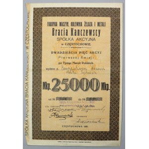Fabryka Maszyn, Odlewnia Żelaza... BRACIA KANCZEWSCY, Em.1, 25x 1.000 mkp 1921