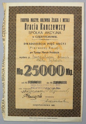 Továreň na stroje, zlieváreň železa ... BRACIA KANCZEWSCY, Em.1, 25x 1000 mkp 1921