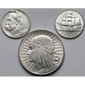 Głowa Kobiety, Piłsudski i Żaglowiec, 2-10 złotych 1933-1936 - zestaw (3szt)