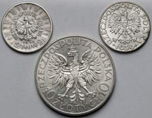 Głowa Kobiety, Piłsudski i Żaglowiec, 2-10 złotych 1933-1936 - zestaw (3szt)