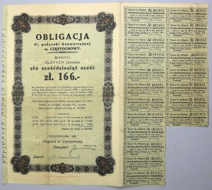 Częstochowa, 6% Pożyczka Konwersyjna, Obligacja 166 zł 1929 - RZADKA