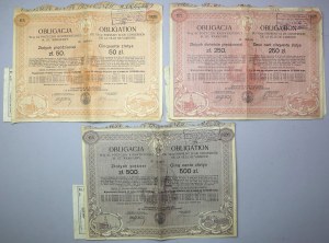 Warsaw, 6% VI Fire. Conversion, Bonds of 50, 250 and 500 zloty 1926 (3pc)