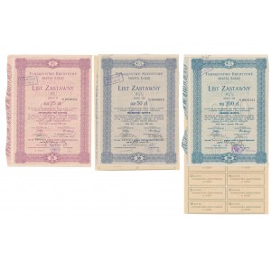 Łódź, TKM, Listy zastawne 25, 50 i 200 zł 1925 (3szt)